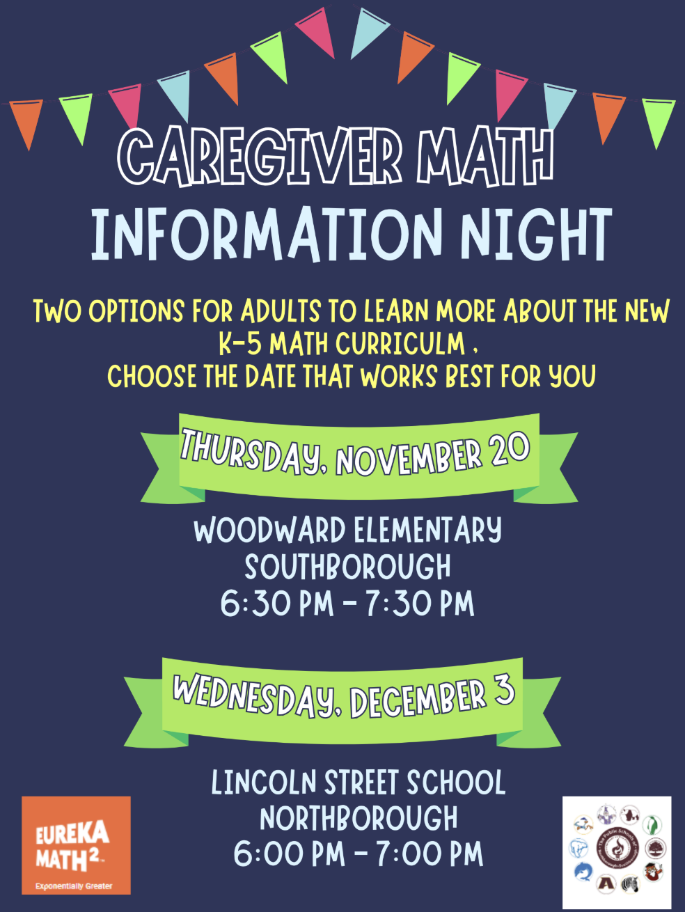 Poster for Caregiver Math Information Night, with dates, times, and locations.