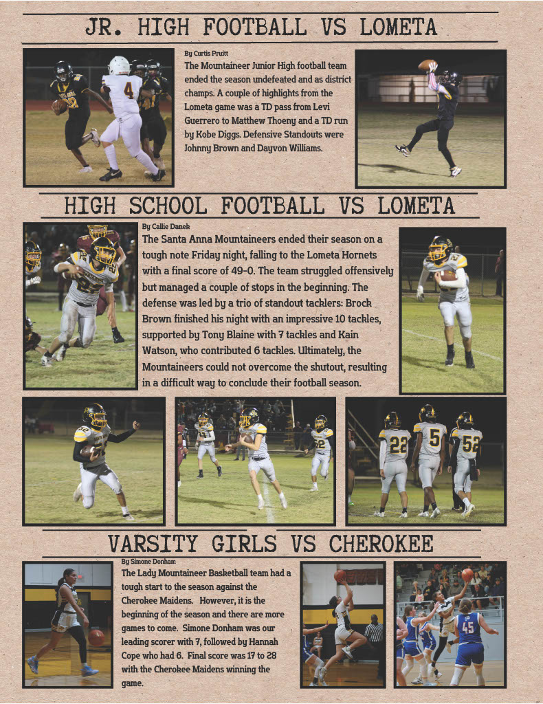A sports page layout features headlines for football and basketball games.