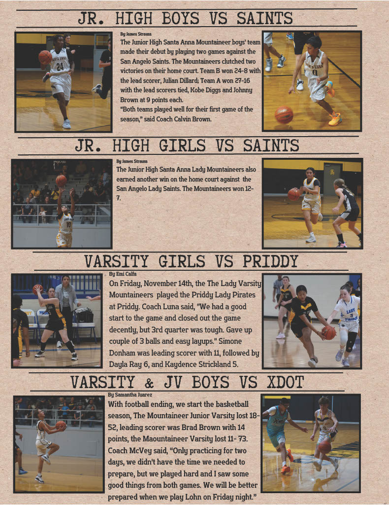 A newspaper page features articles about high school basketball games.