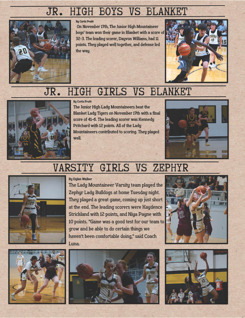 A sports page highlights junior high and varsity basketball games.