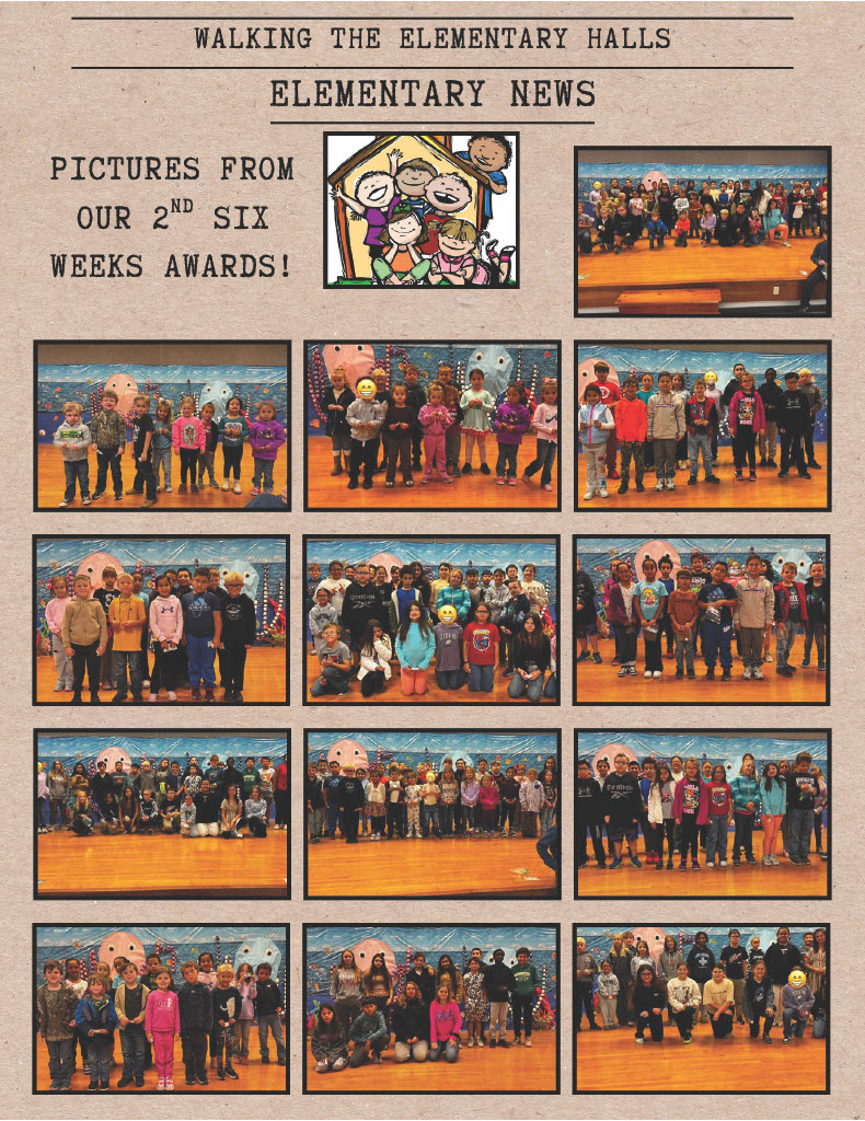 Elementary school students pose for photos in a school hallway.