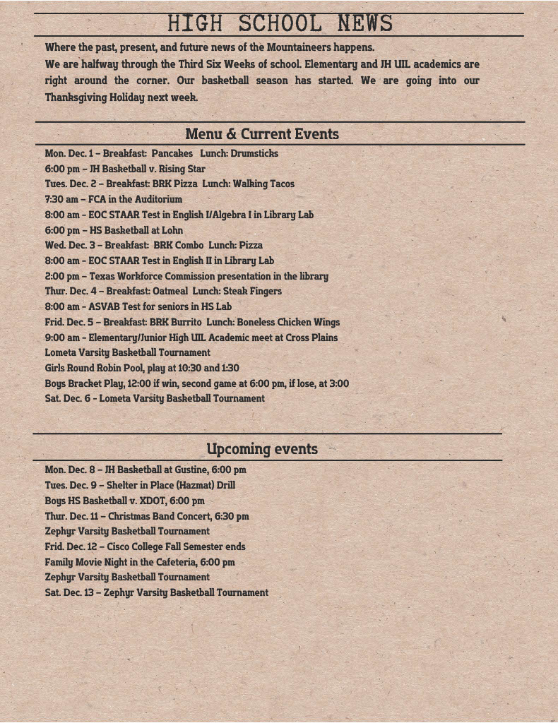 High School News bulletin board with upcoming events and lunch menus.