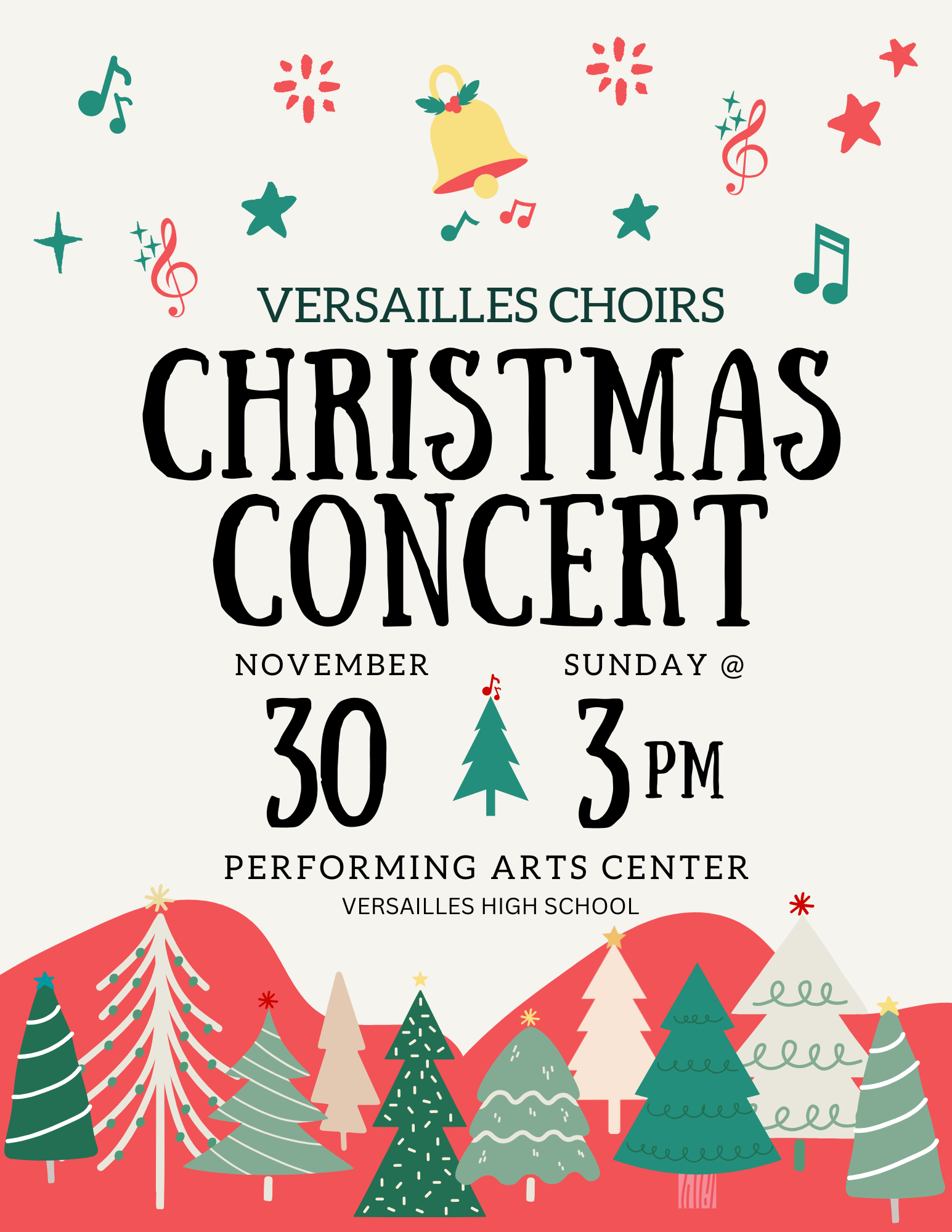 A festive poster announces the Versailles Choirs Christmas Concert.
