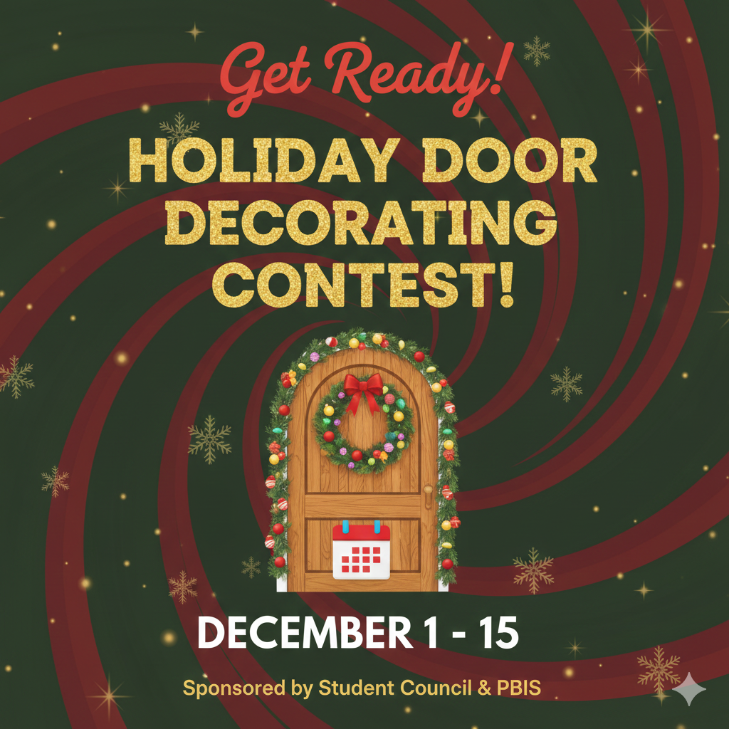 Holiday door decorating contest announcement with a decorated door graphic.