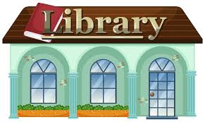 Illustration of a library building with arched windows and a sign.