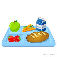 A blue tray holds a balanced meal: fruit, vegetables, bread, and milk.