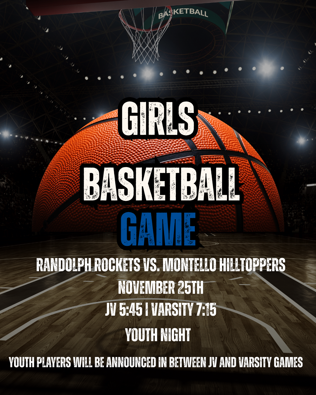 Basketball game announcement with a large basketball graphic and game details.