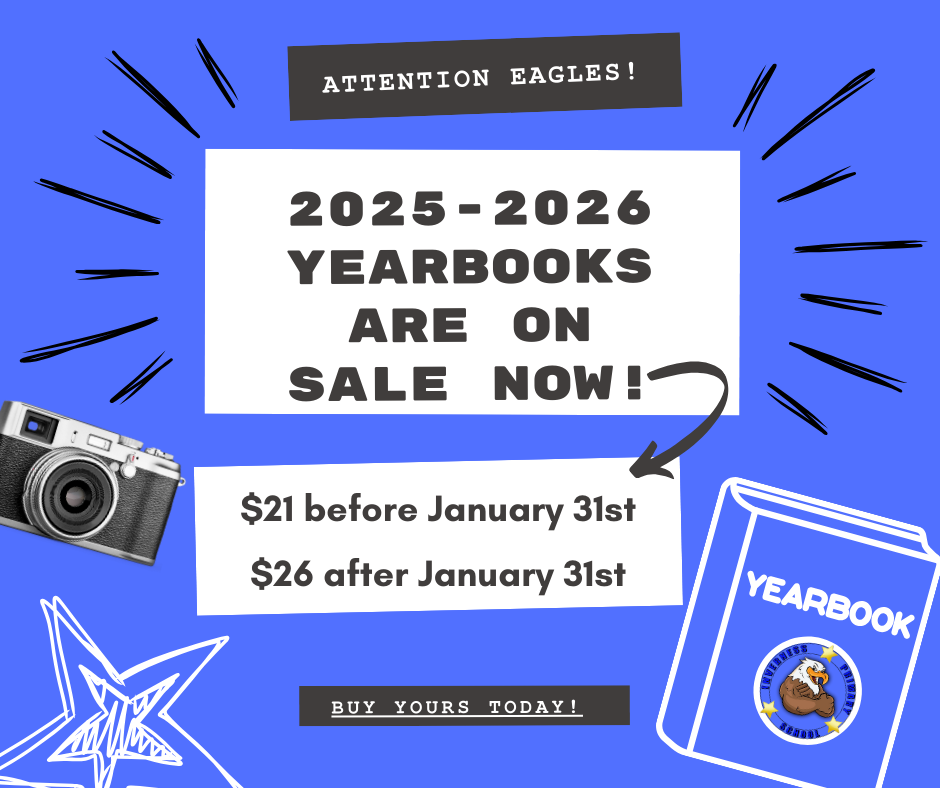 Yearbook advertisement with text: '2025-2026 Yearbooks are on sale now!'