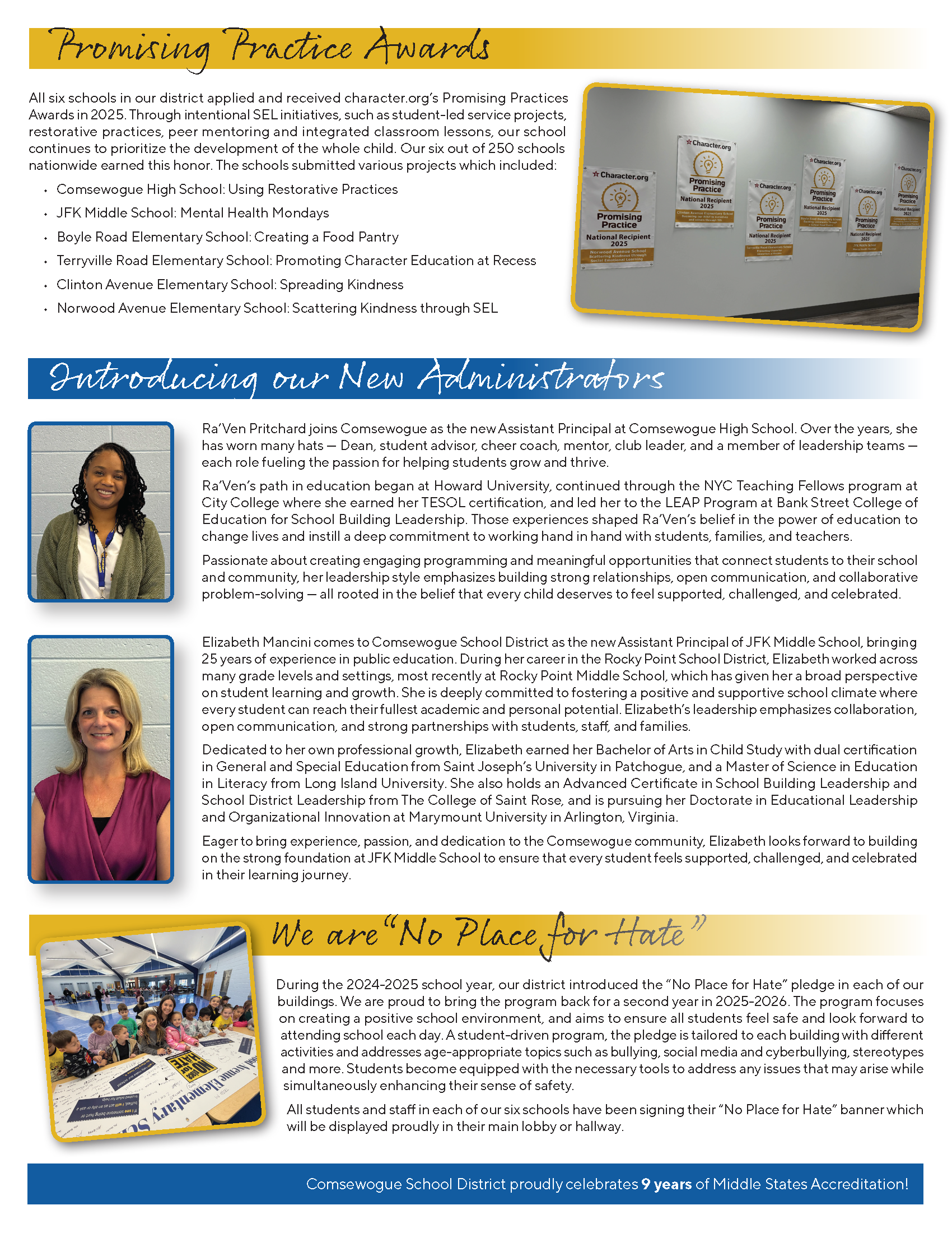 A school district's announcement highlights awards, new administrators, and a 'No Place for Hate' initiative.