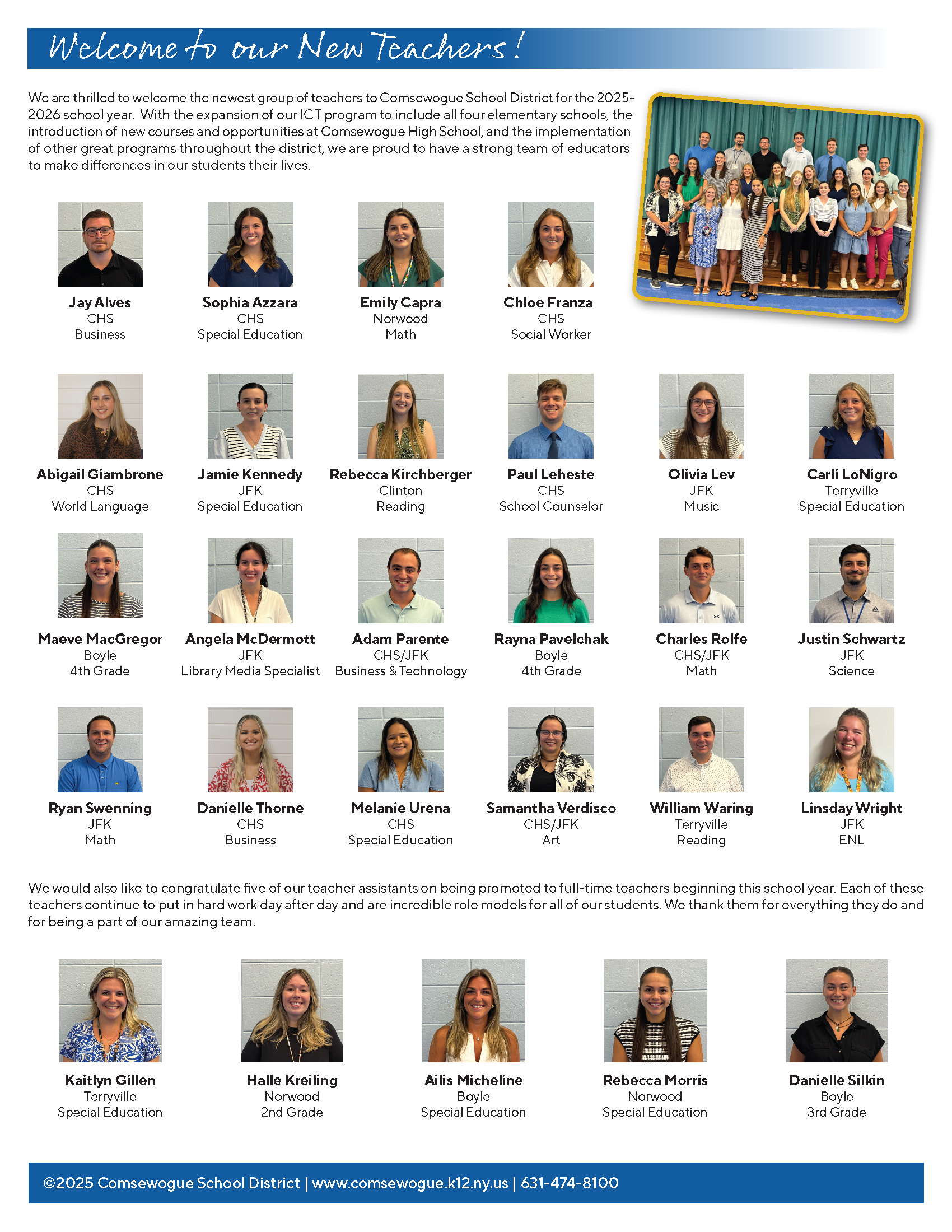 Group photo of new teachers and staff for the Comsewogue School District.