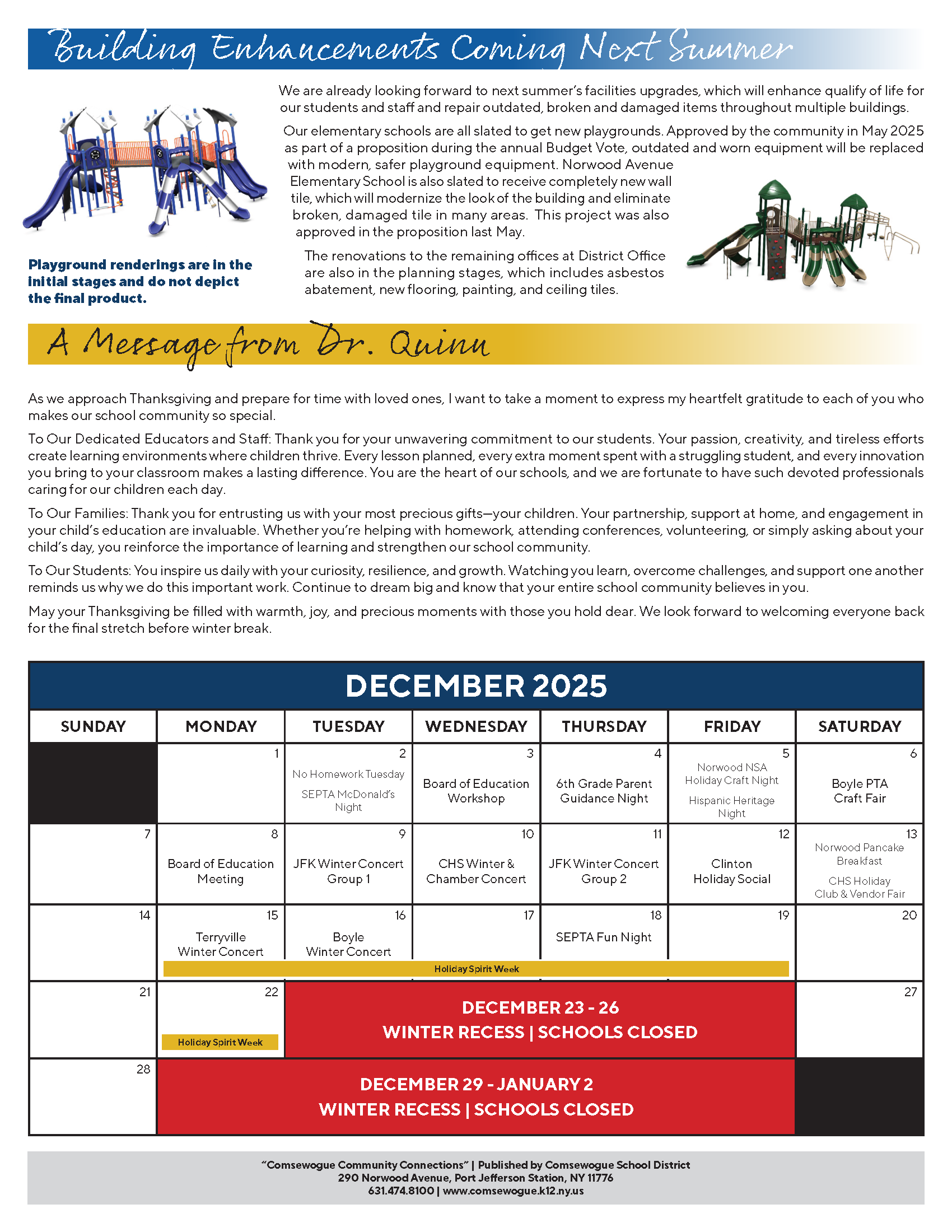 A school calendar for December 2025 with various events listed.
