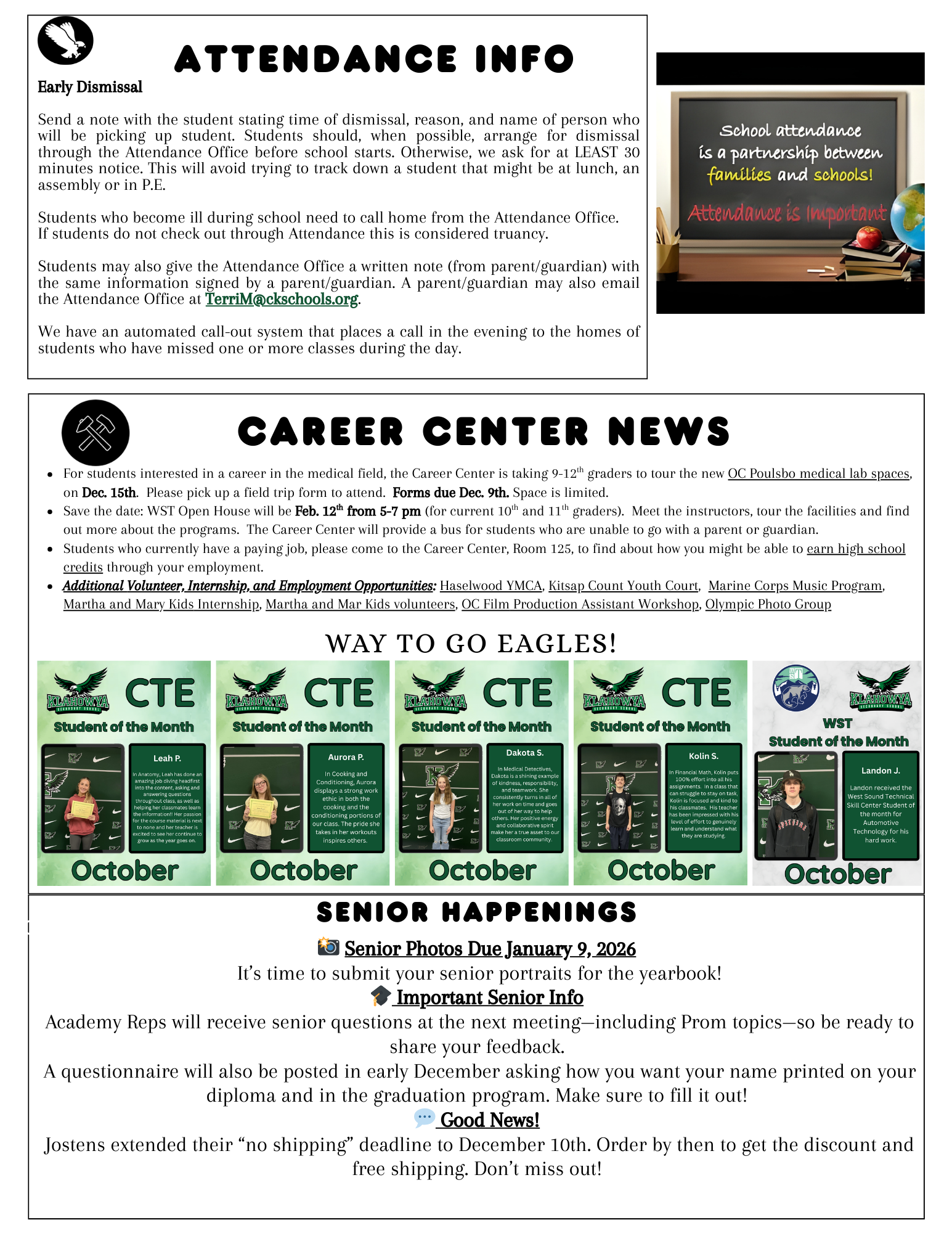 A school bulletin board displays information about attendance, career opportunities, and senior events.