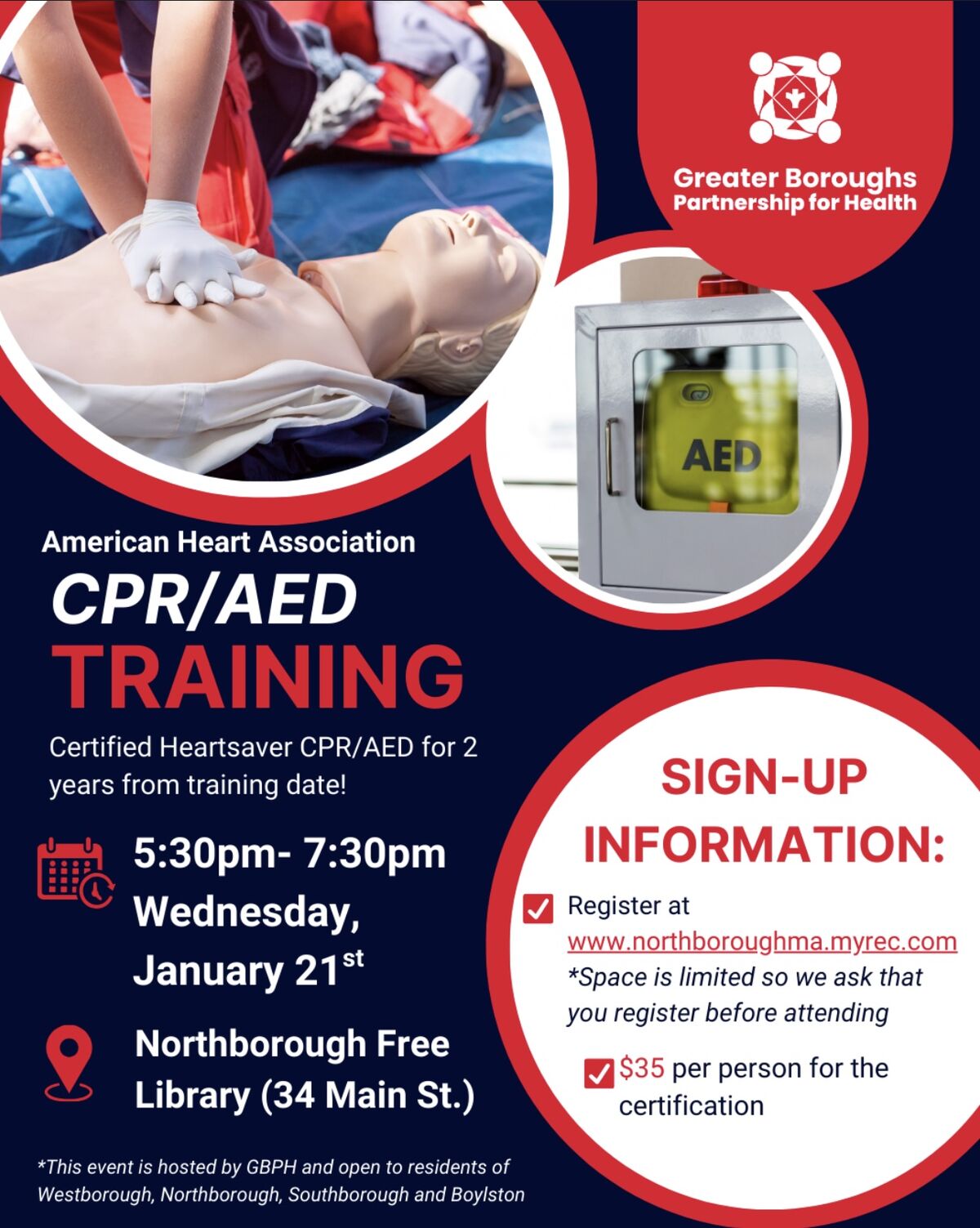 CPR/AED training advertisement with a person practicing on a mannequin and an AED.