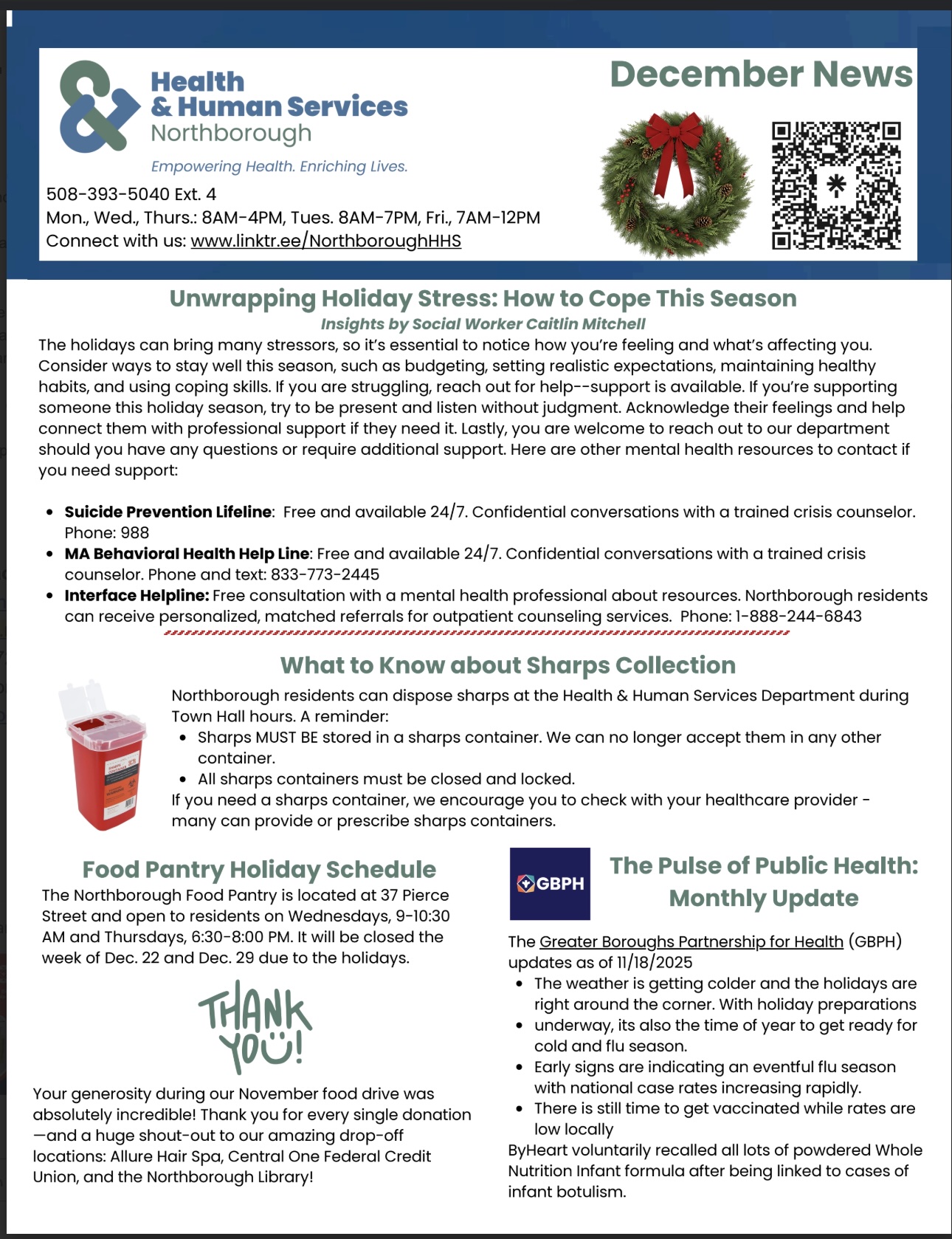 A December newsletter from Northborough Health & Human Services with holiday information.