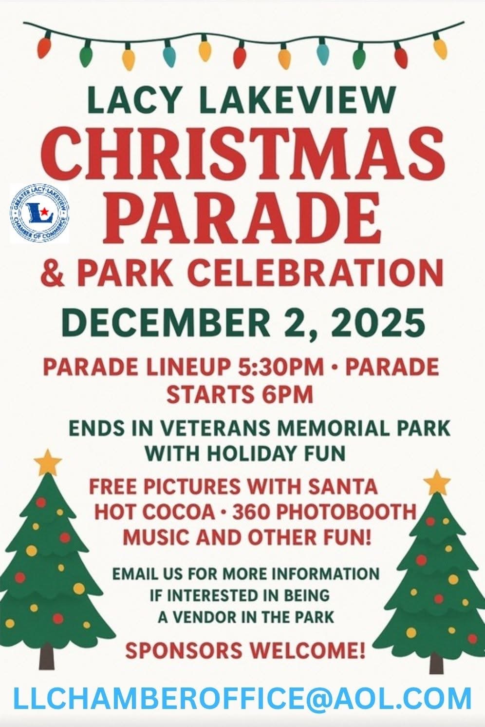 A poster announces the Lacy Lakeview Christmas Parade & Park Celebration on December 2, 2025.