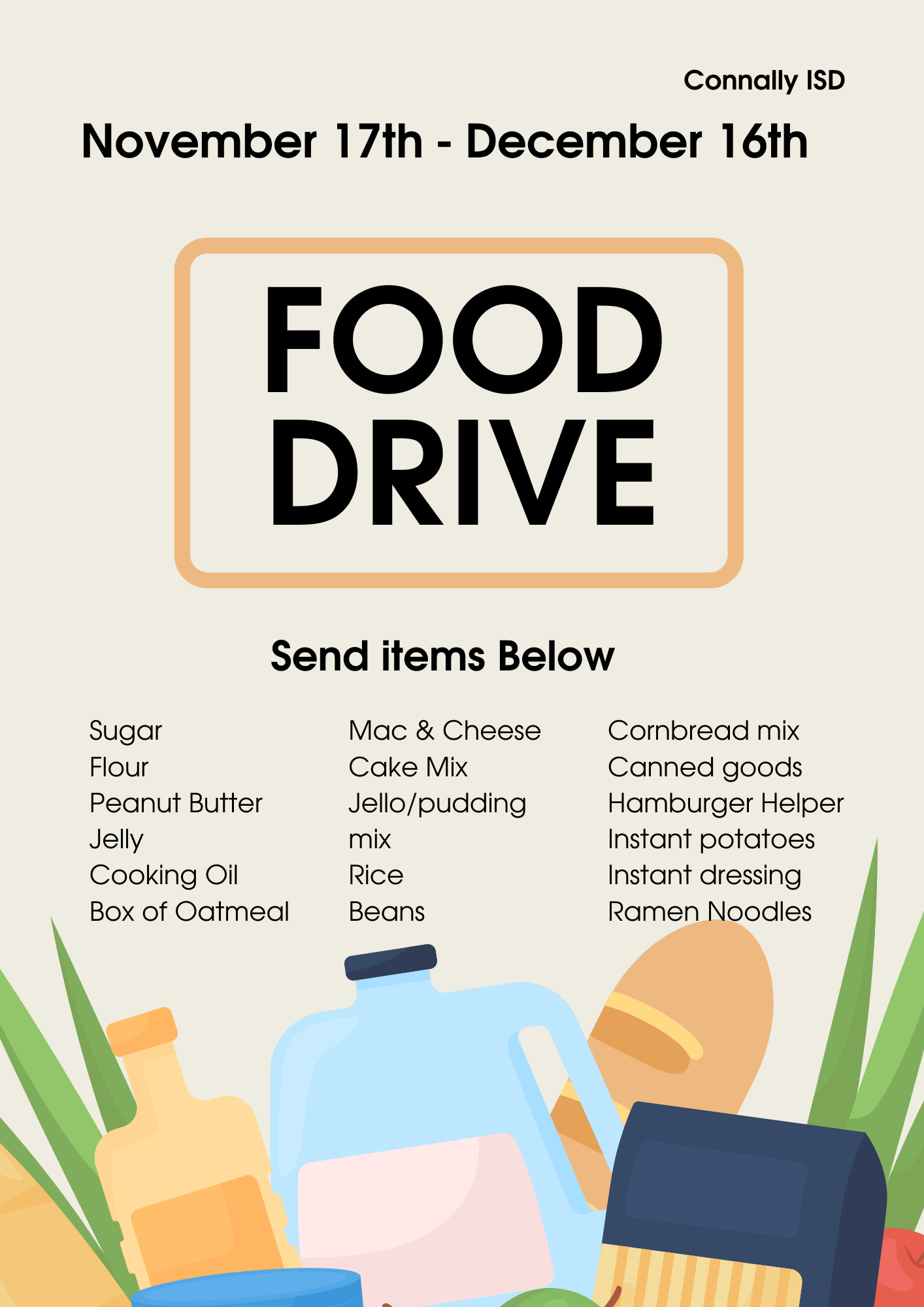 A food drive poster lists needed items like sugar, flour, and canned goods.