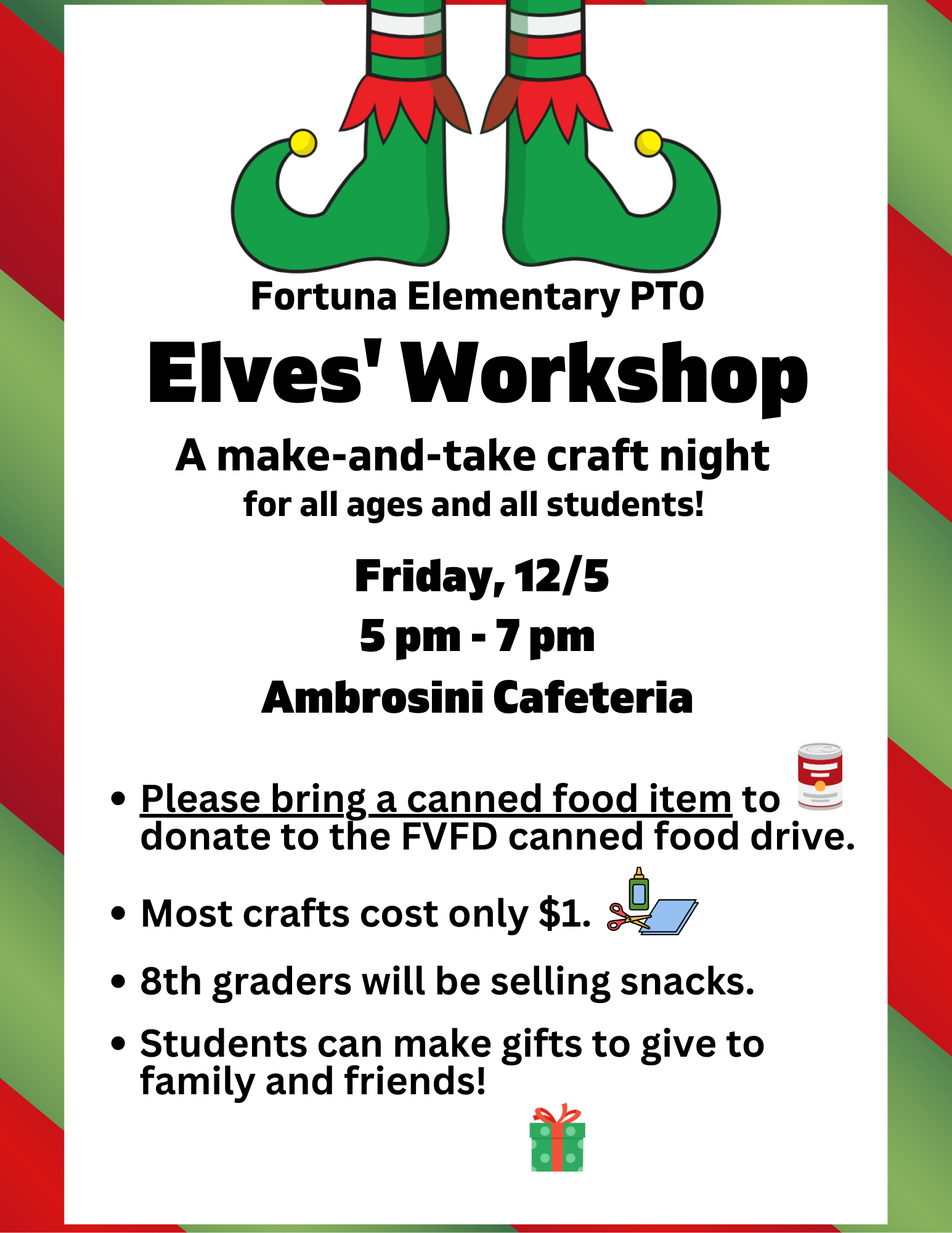 A flyer announces an Elves' Workshop craft night at Fortuna Elementary.