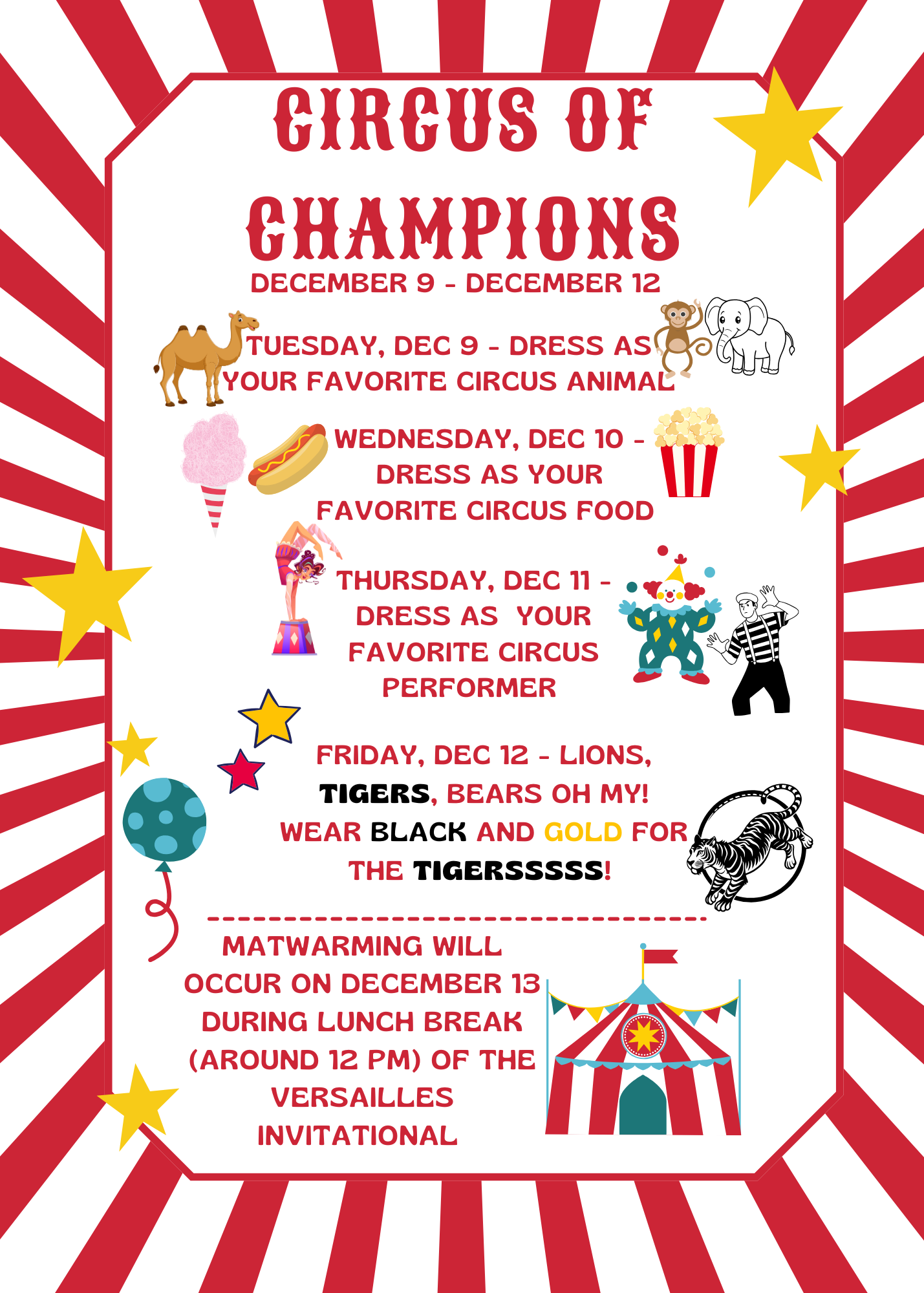 A colorful poster announces a 'Circus of Champions' event with daily themes.
