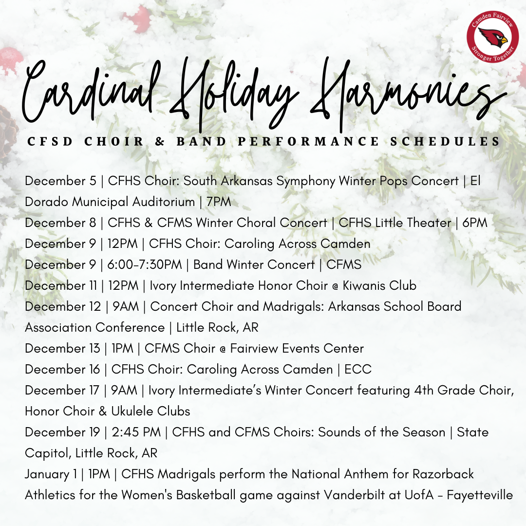 Cardinal Holiday Harmonies: CFSD Choir & Band Performance Schedules