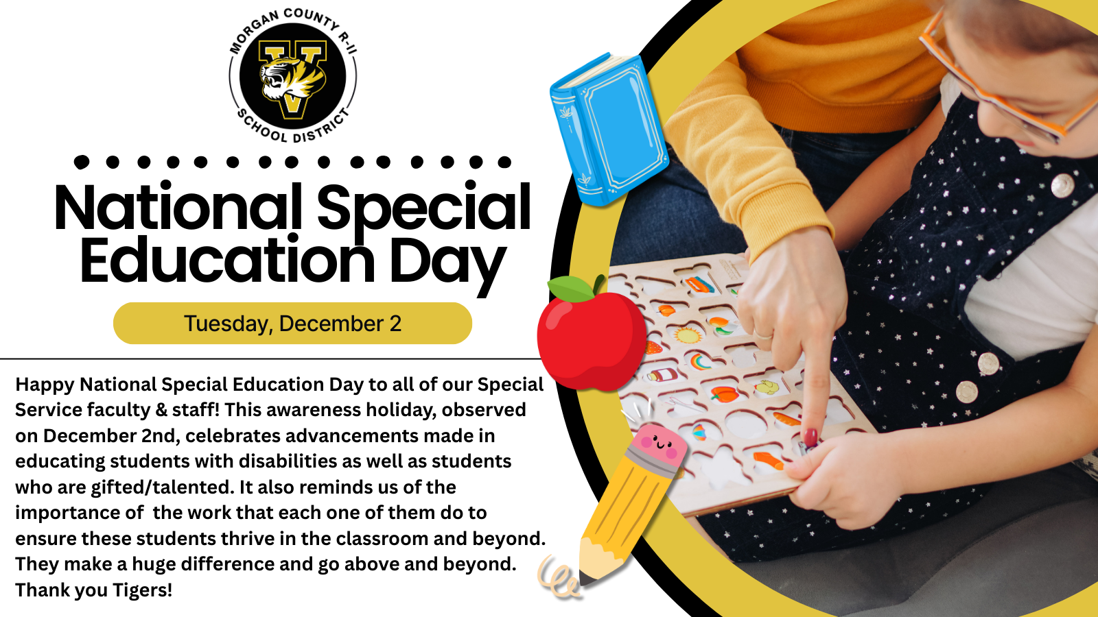 A teacher and student work together with a wooden puzzle, celebrating National Special Education Day.