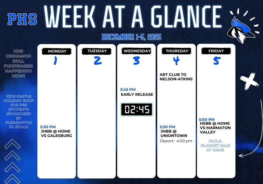 A school calendar titled 'Week at a Glance' lists events for December 1-5, 2025.