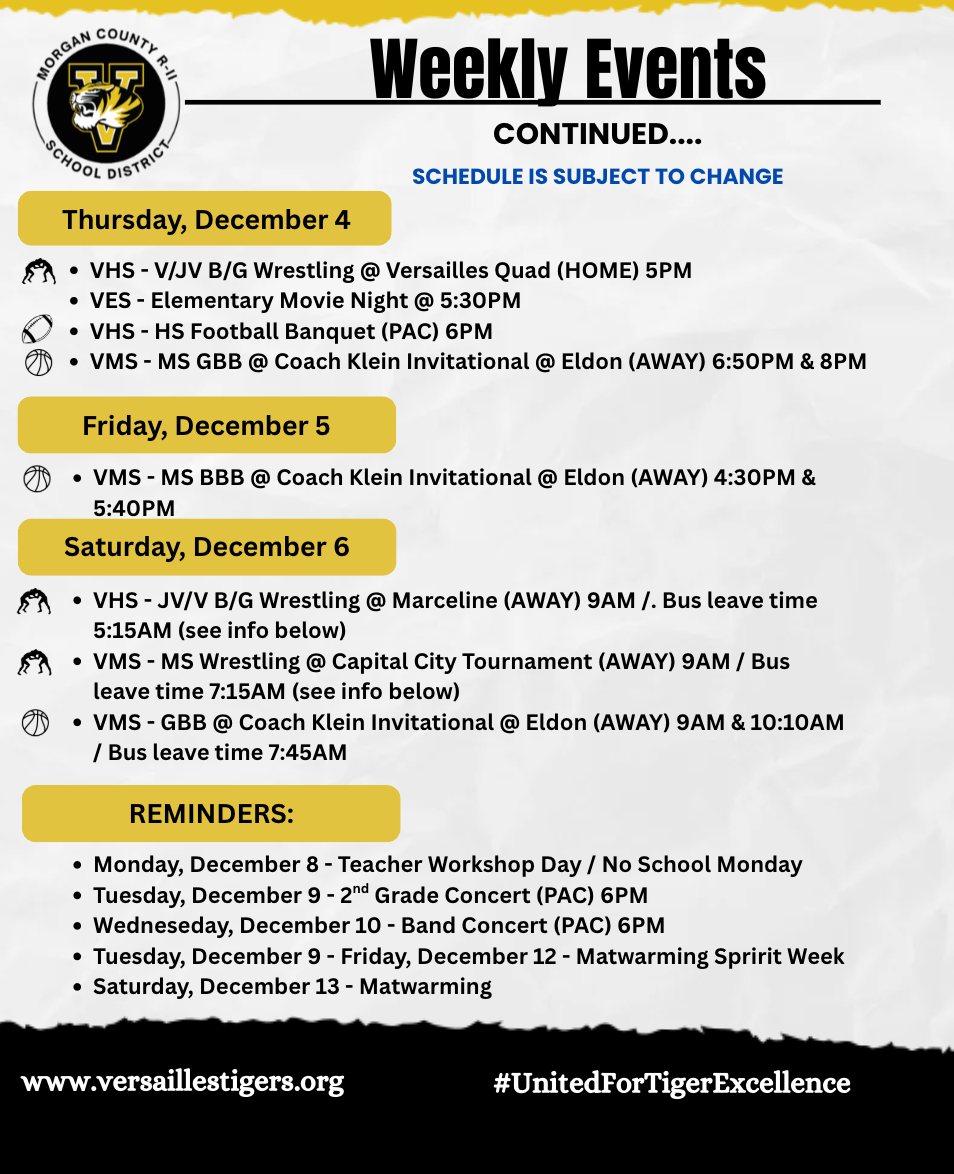 A school district's weekly events schedule is displayed with dates and times.