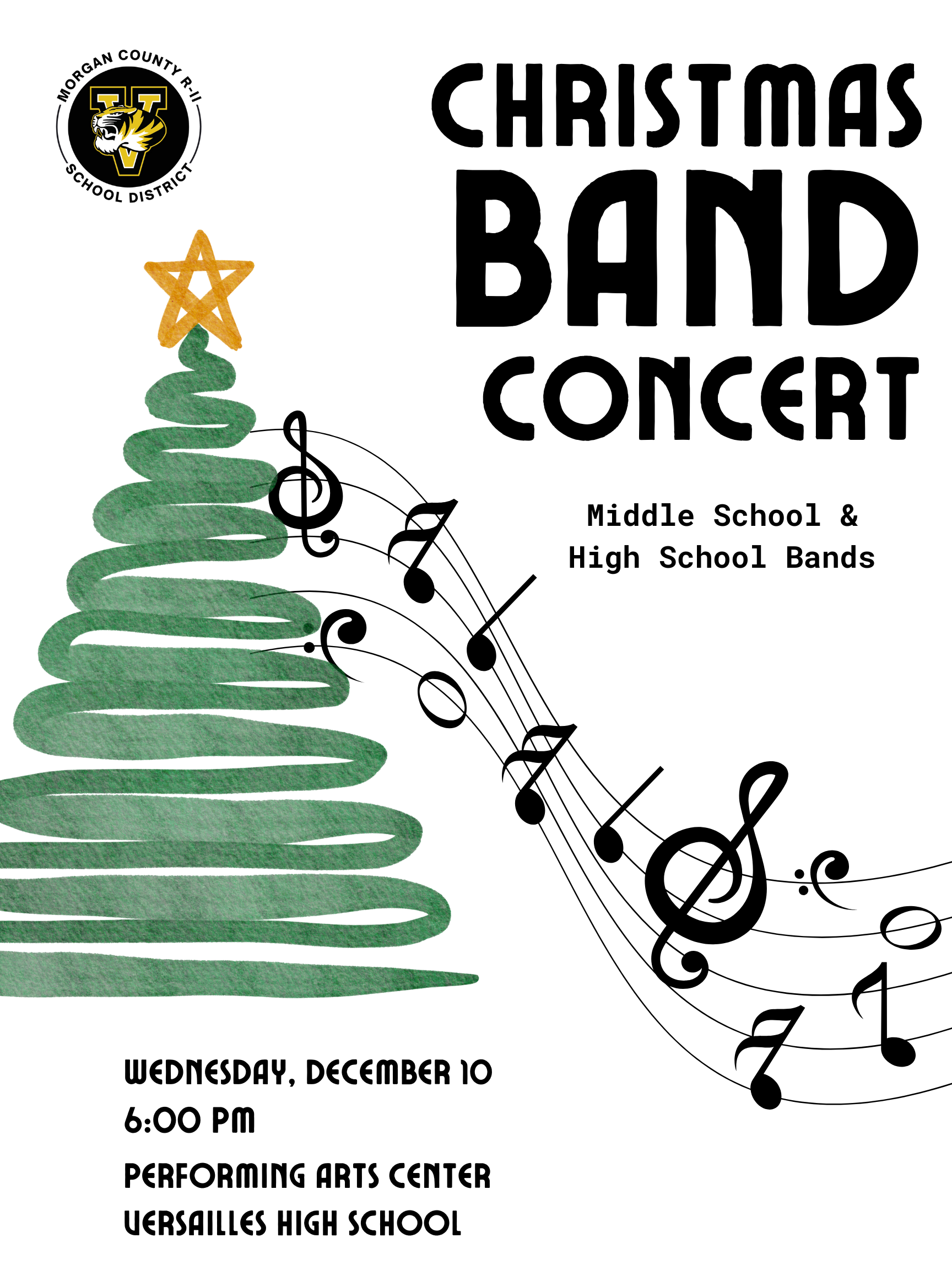 A poster announces a Christmas Band Concert with a stylized Christmas tree and musical notes.