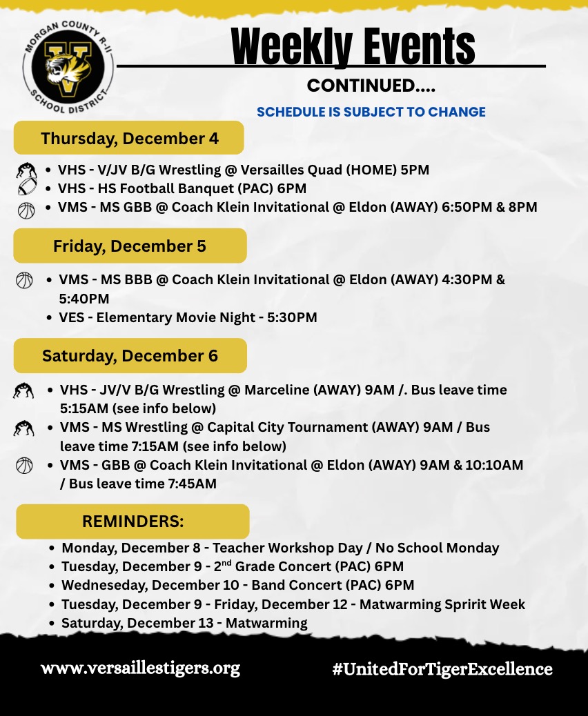 A school district's weekly events schedule, including sports and activities.