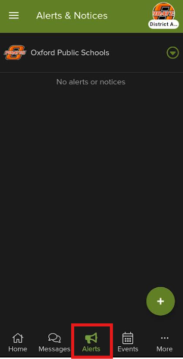 Mobile app screen displaying 'Alerts & Notices' from Oxford Public Schools.