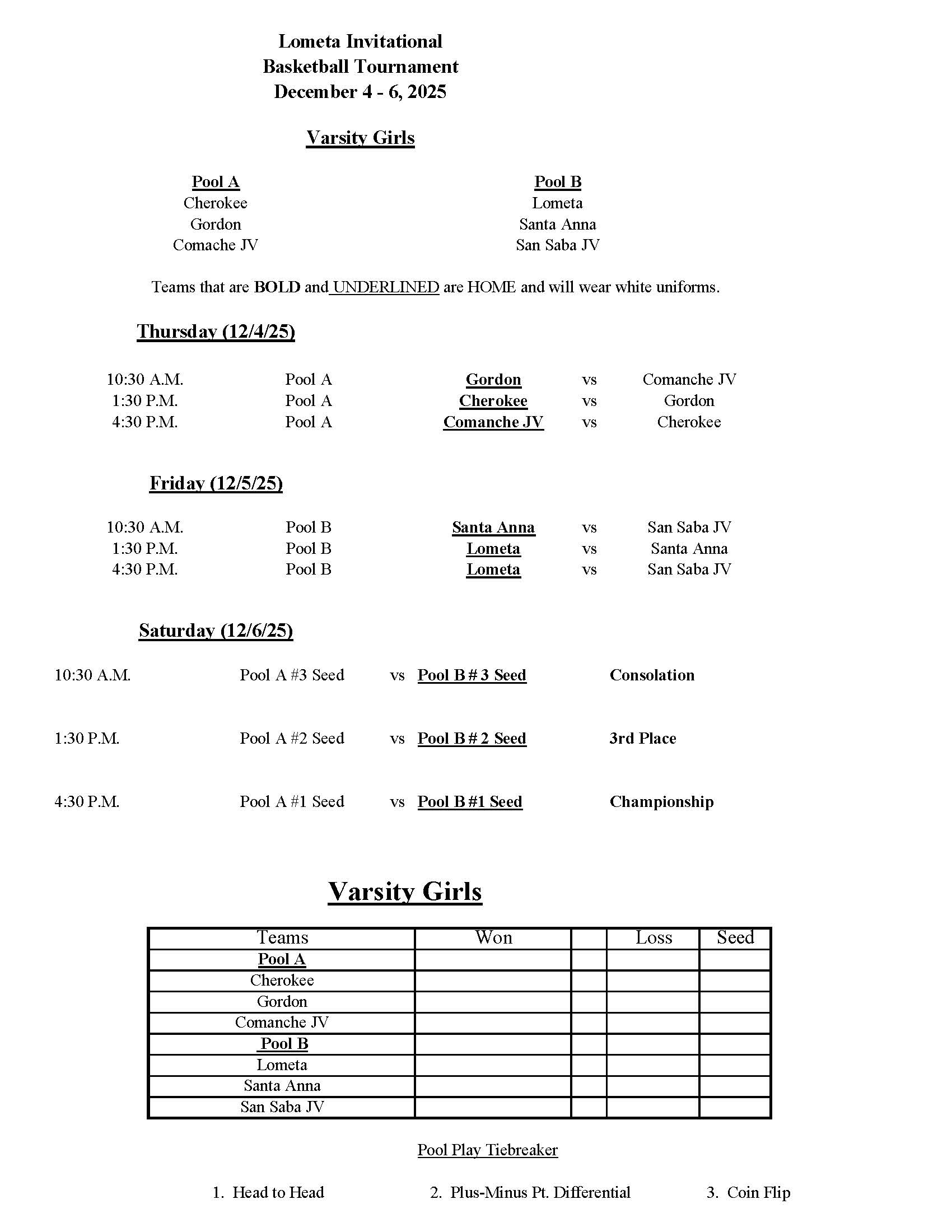 A basketball tournament schedule for Varsity Girls, December 4-6, 2025.