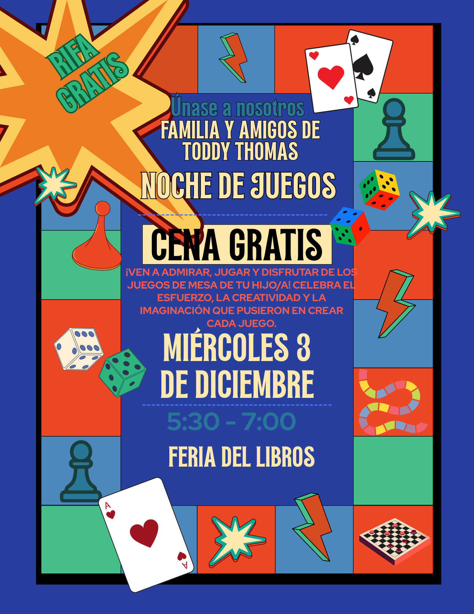 A colorful poster advertises a game night with game pieces and text in Spanish.