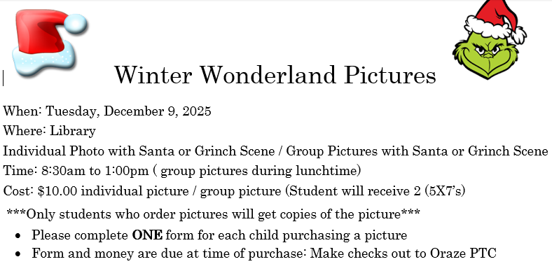 Announcement for Winter Wonderland Pictures with Santa and Grinch, December 9, 2025.