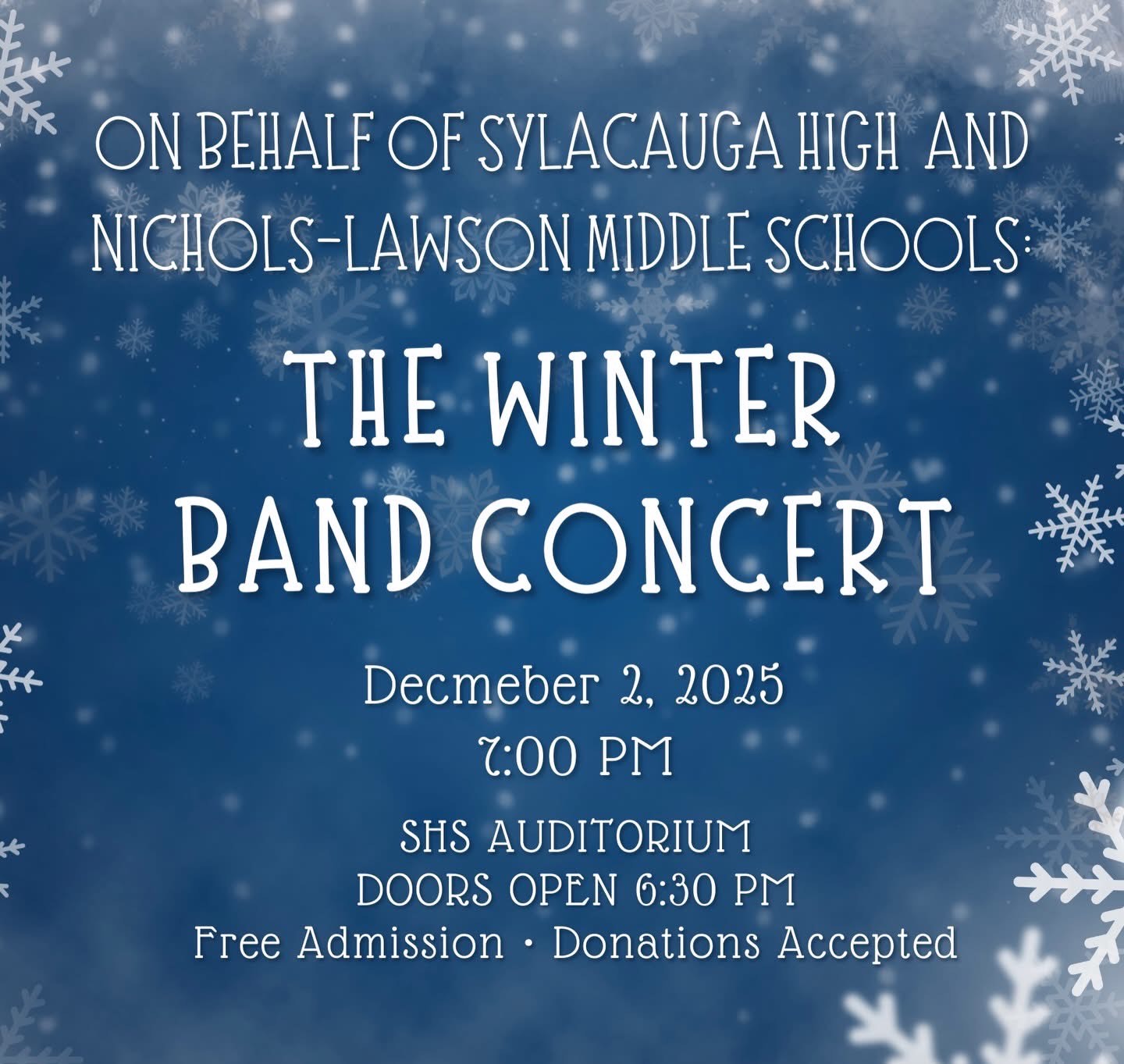 Winter Band Concert at SHS at 6:30PM on December 2nd.