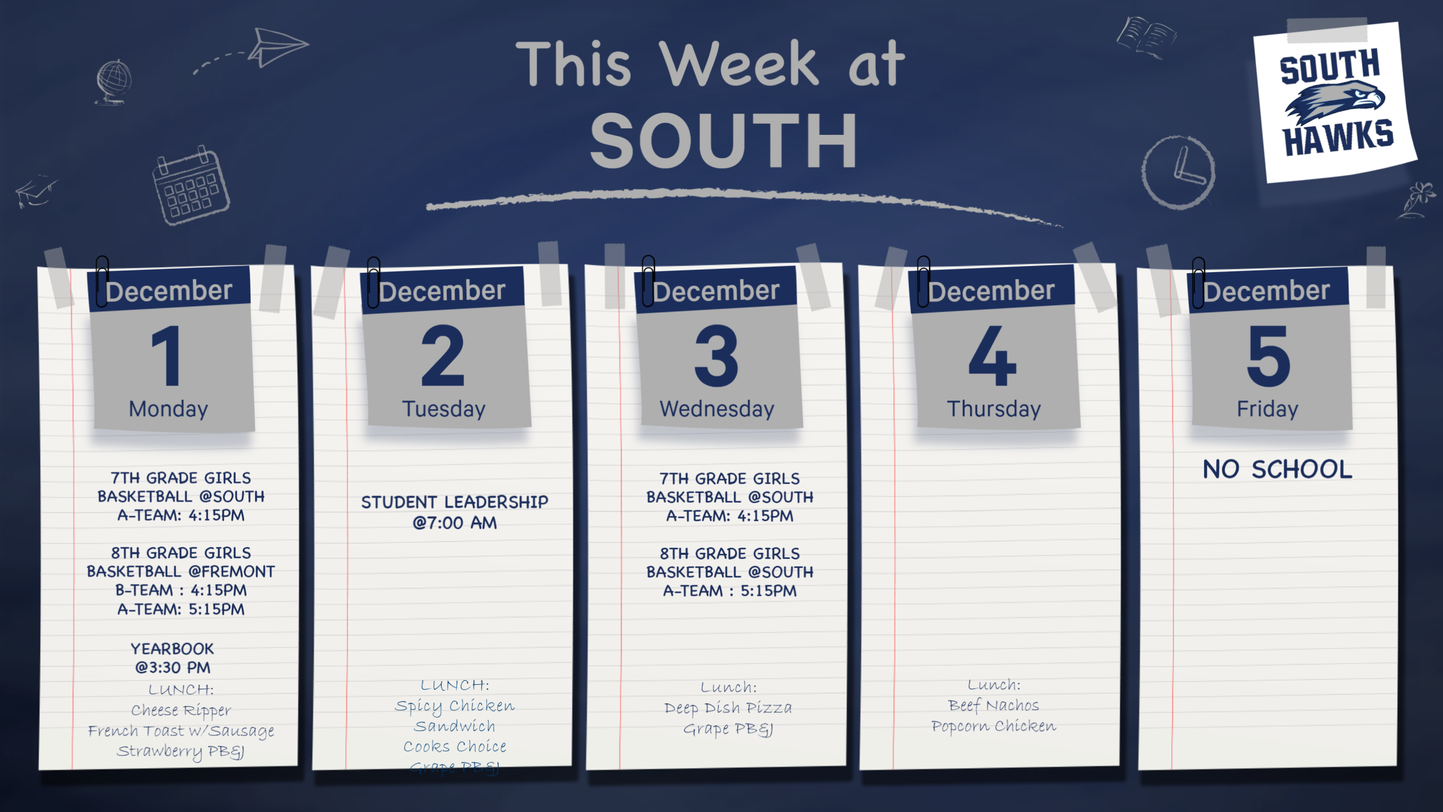 A school calendar for the week of December 1st, with daily events and lunch menus.