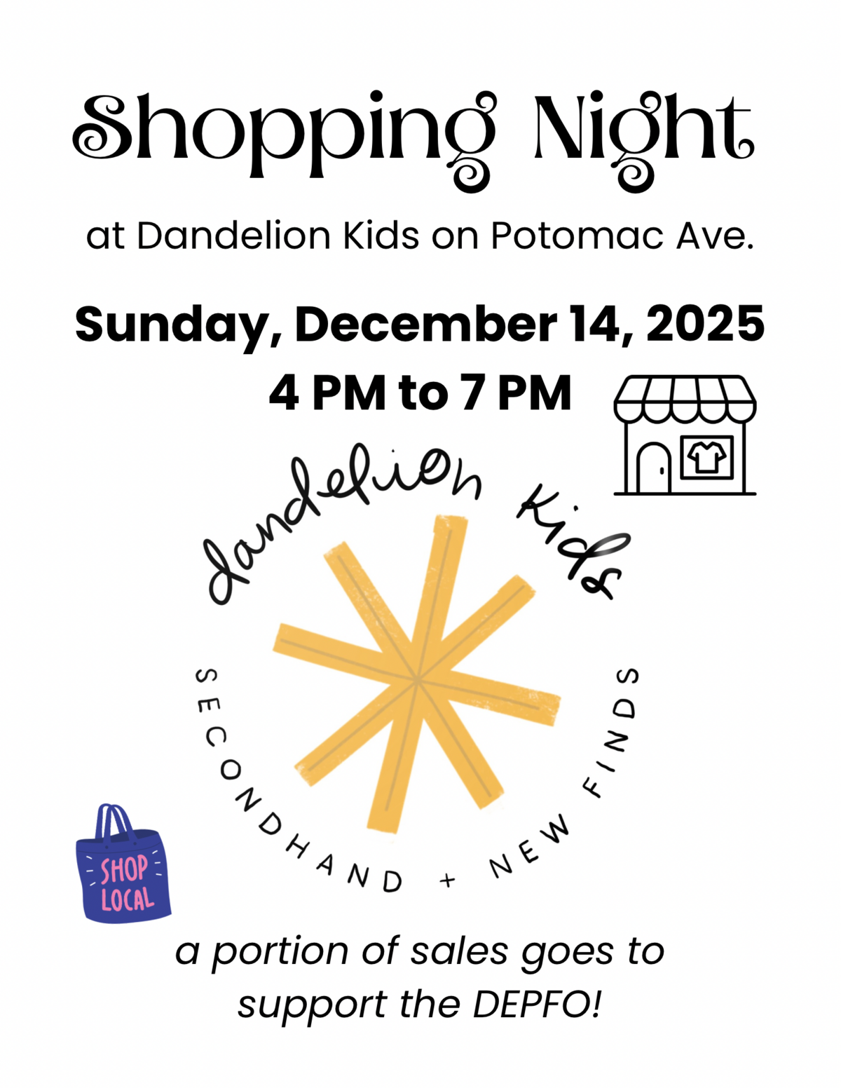 bright flyer with dandelion kids logo describing details of the shopping day on Dec 14