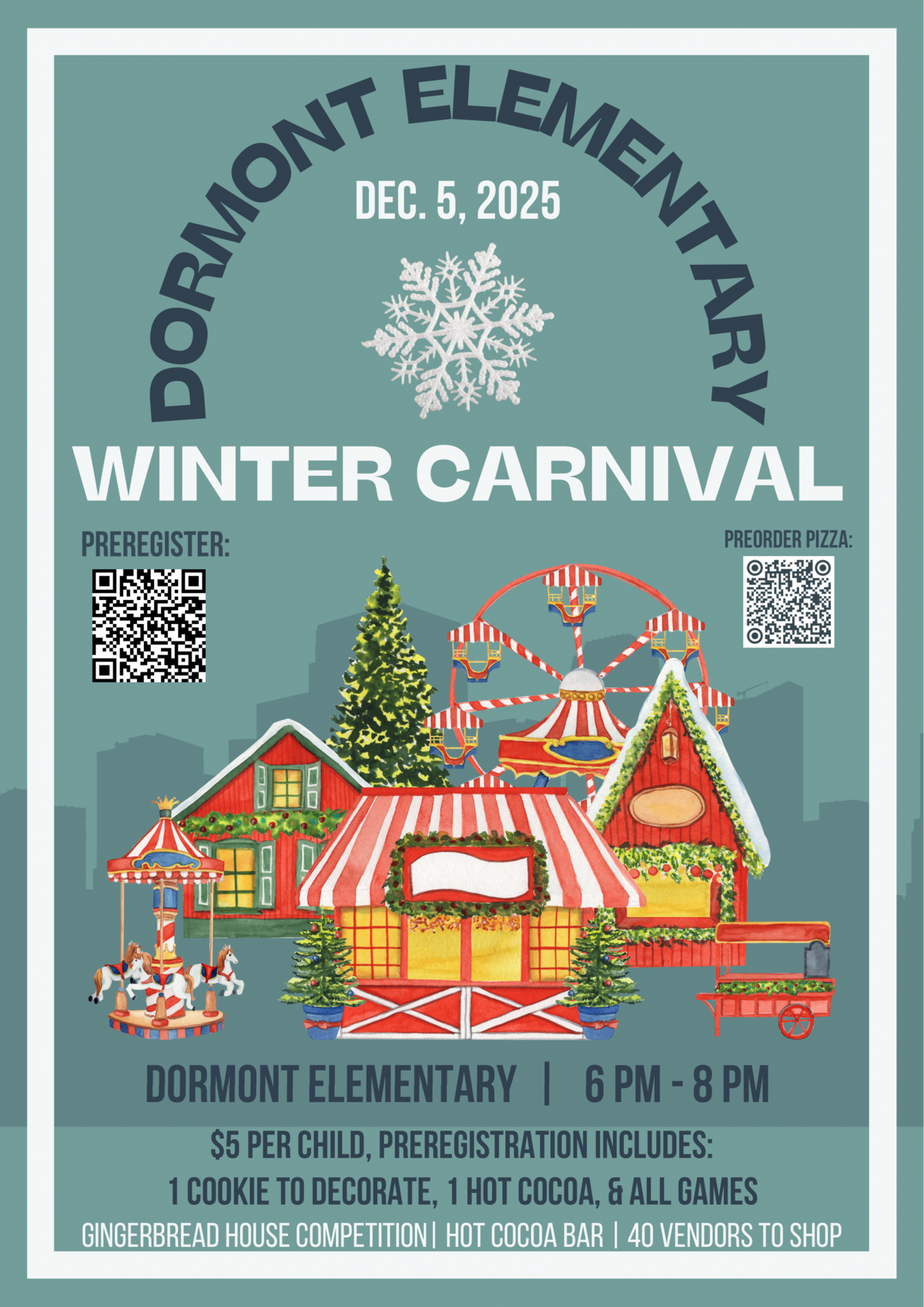 A poster advertises the Dormont Elementary Winter Carnival with festive illustrations.