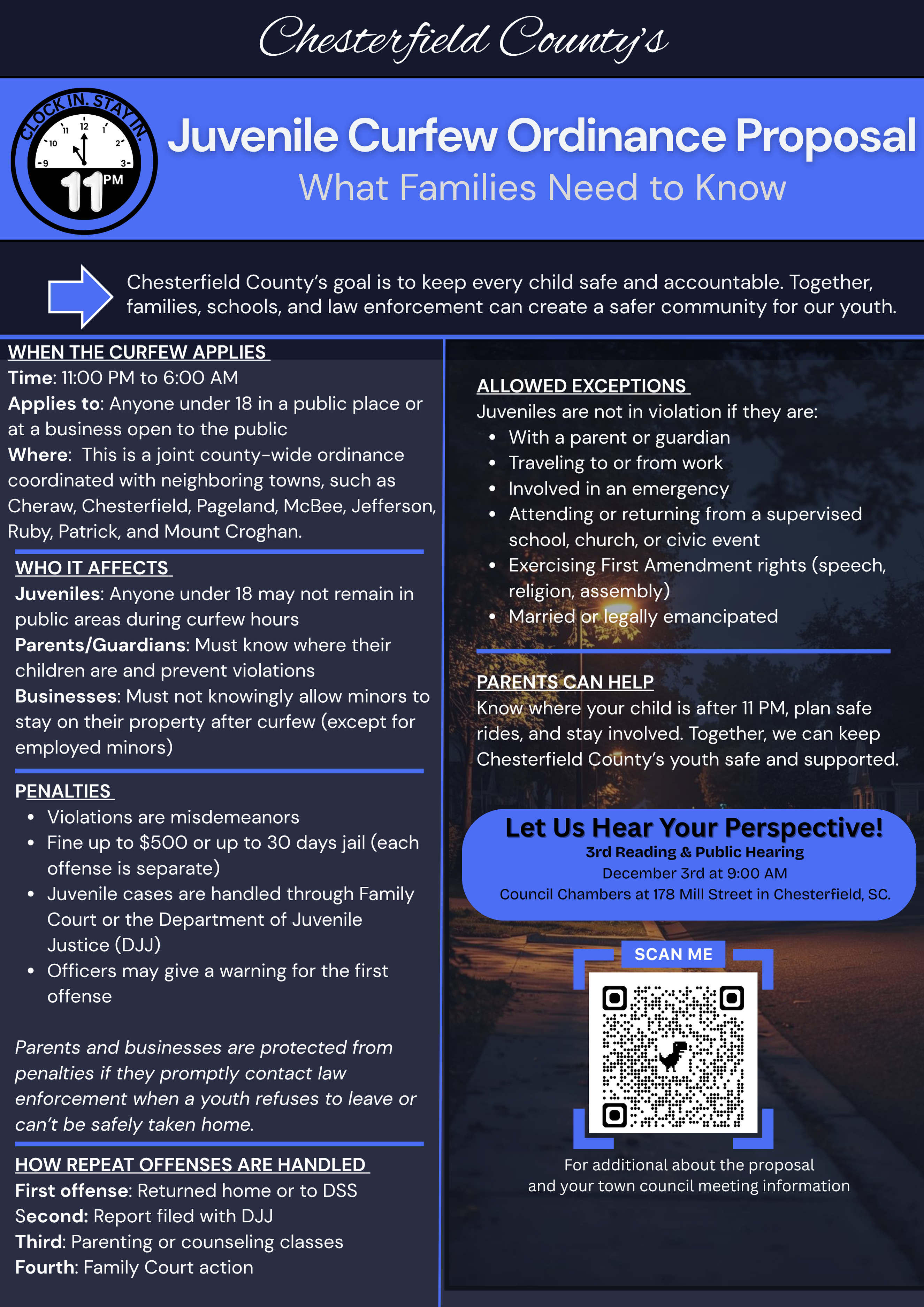 Informational flyer about Chesterfield County's Juvenile Curfew Ordinance Proposal.