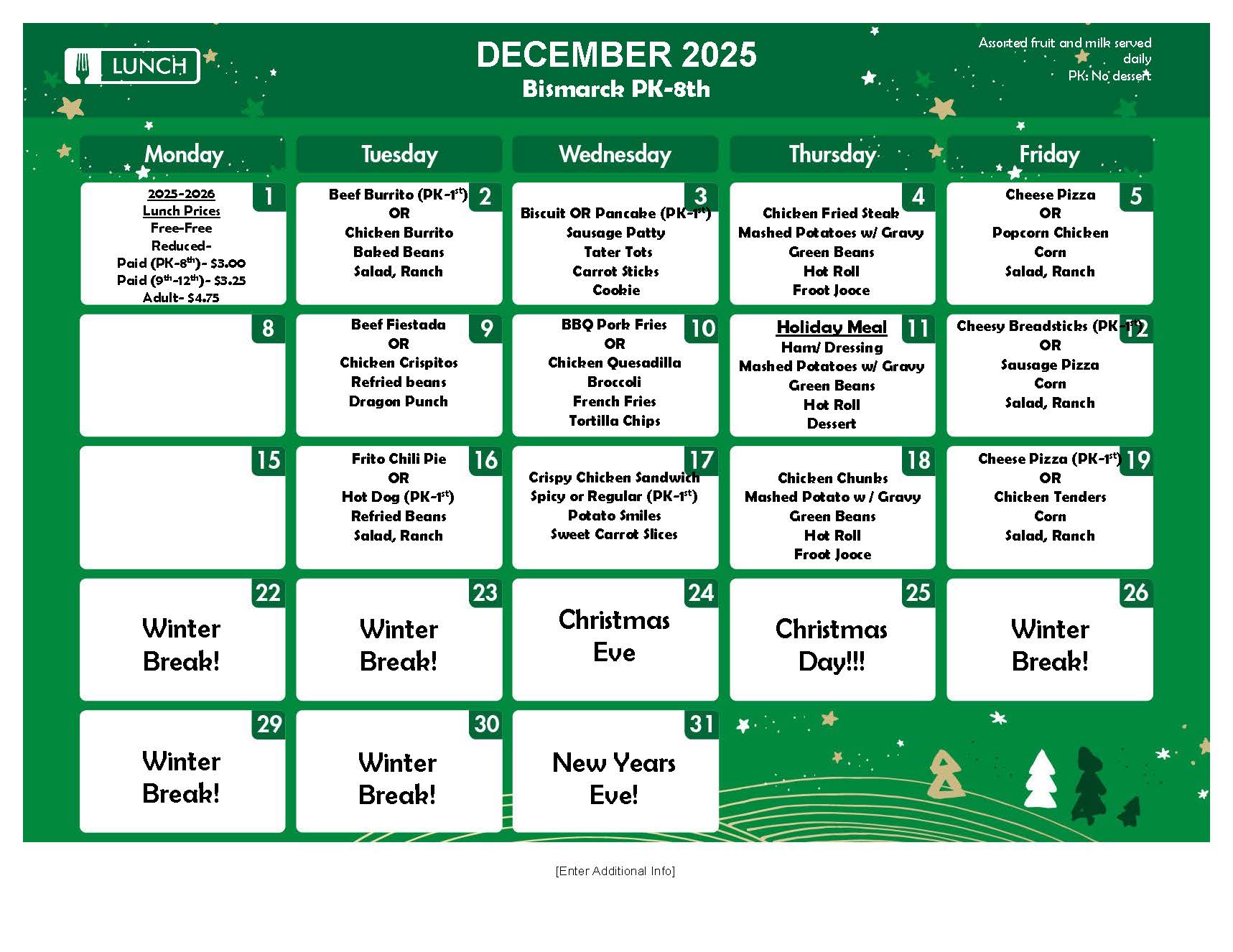 A December 2025 school lunch menu is displayed with daily meal options.