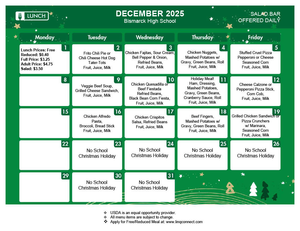 A December 2025 school lunch menu for Bismarck High School is displayed.