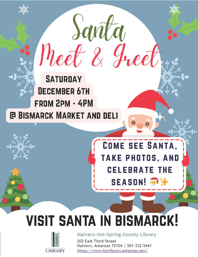 A festive poster announces a Santa Meet & Greet event.