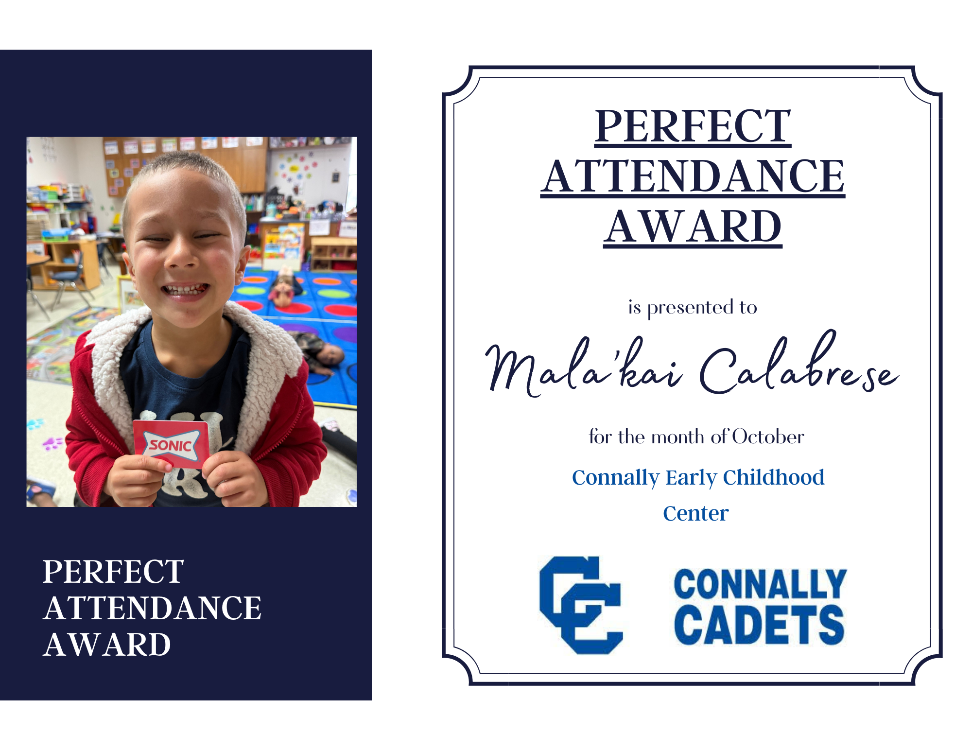 A young boy smiles, holding a Sonic gift card, with a 'Perfect Attendance Award' displayed.