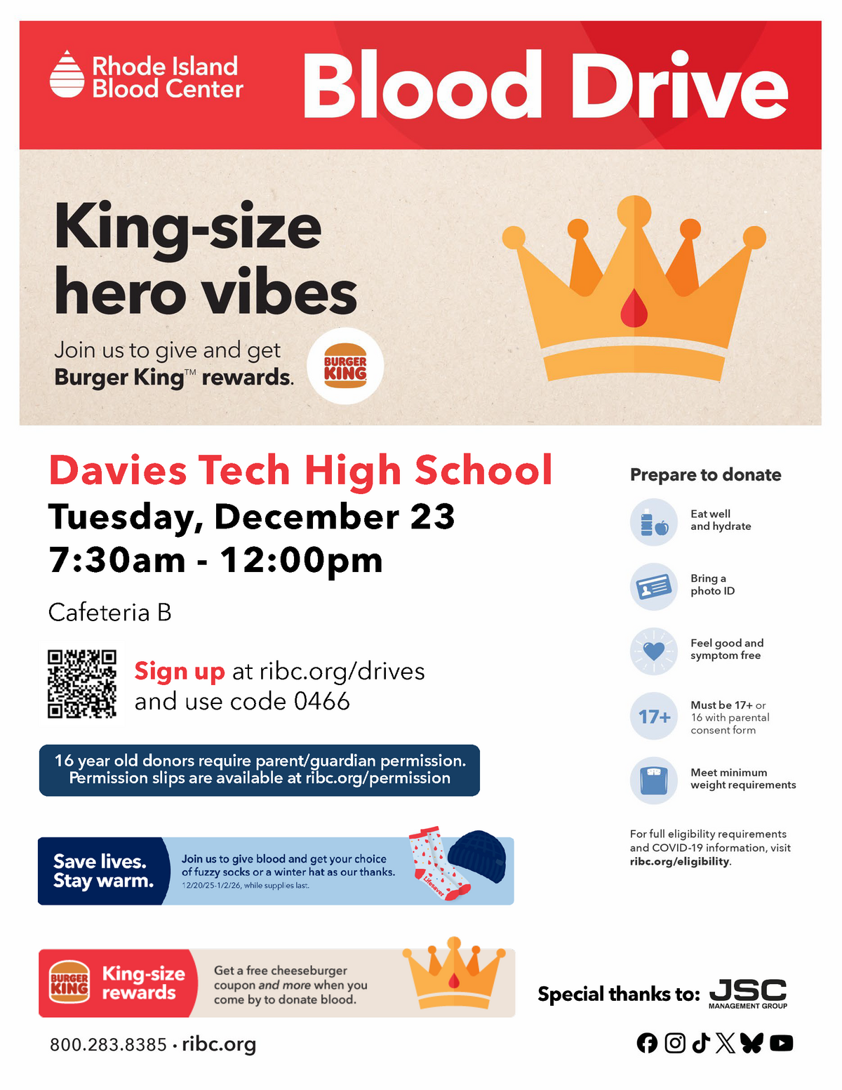 Blood drive advertisement with Burger King rewards, held at Davies Tech High School.