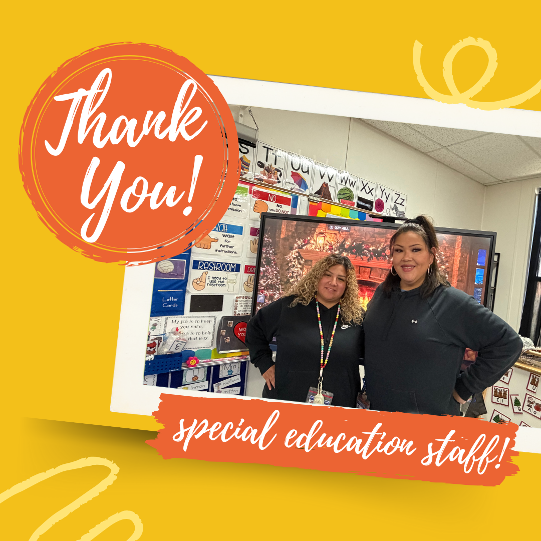 Two women stand in a classroom, smiling, with a 'Thank You' graphic overlay.