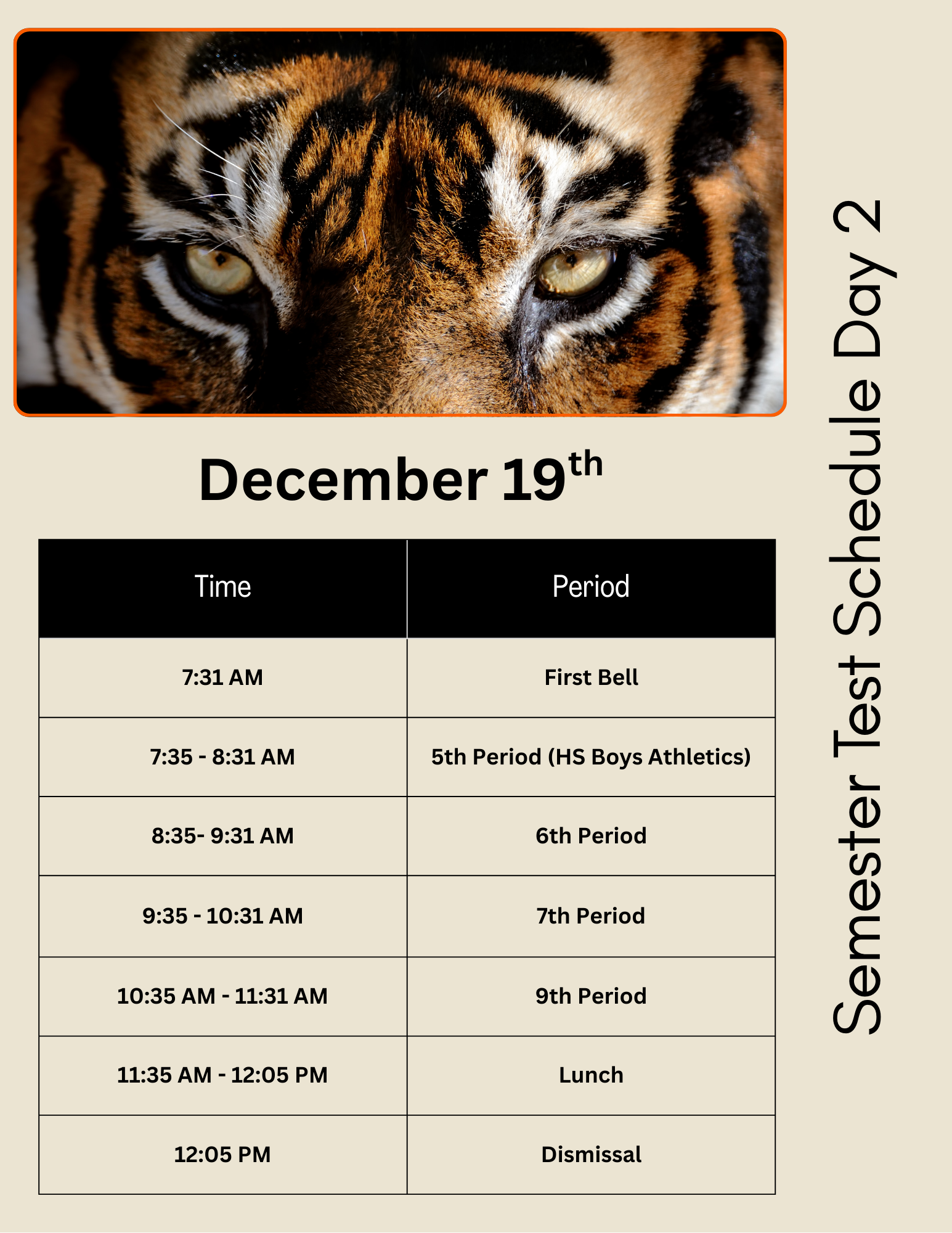 A tiger's face is at the top of a schedule for December 19th.