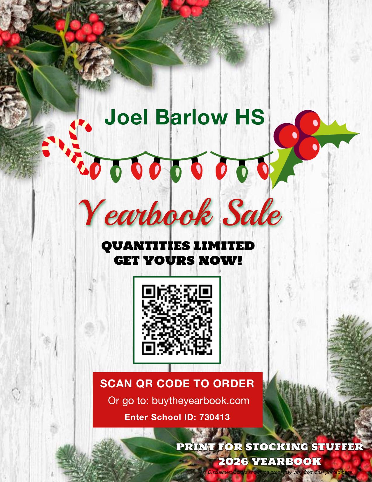 Yearbook sale advertisement for Joel Barlow HS, featuring festive holiday decorations.