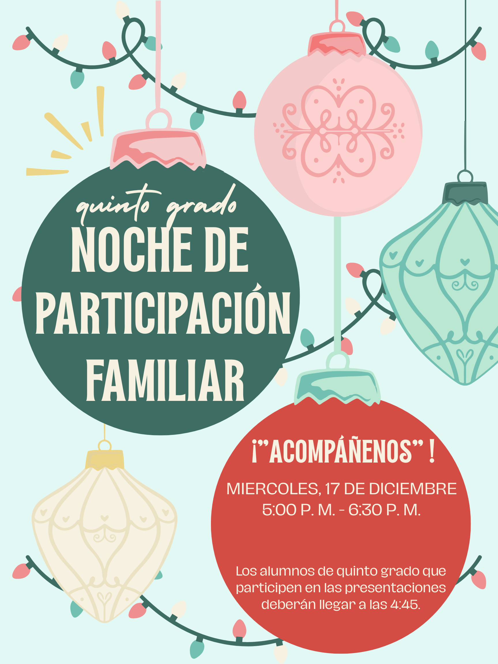 A festive invitation for a family participation night, featuring colorful ornaments.