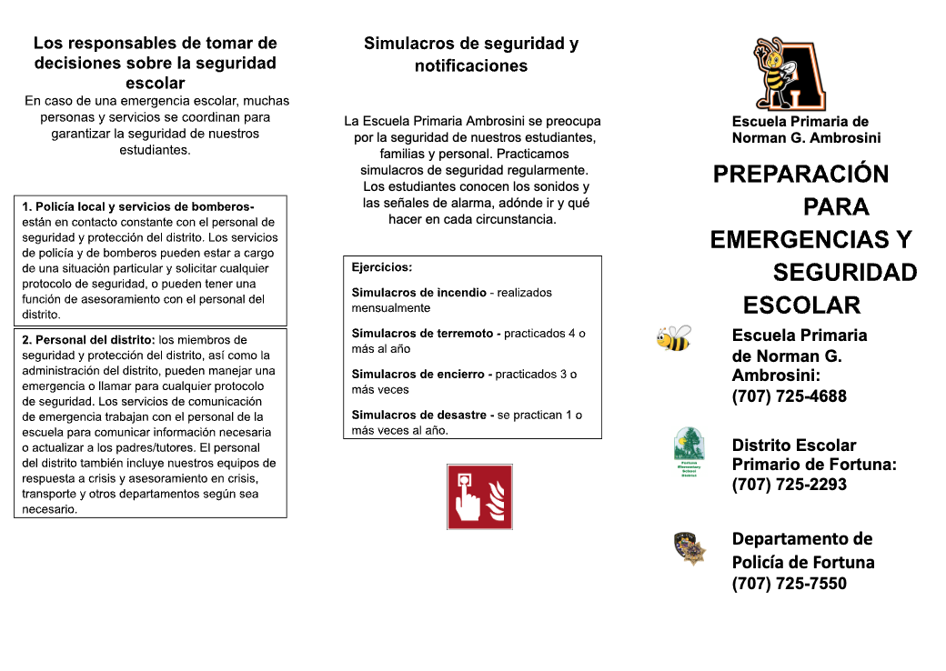 A trifold brochure details school emergency preparedness and safety protocols.