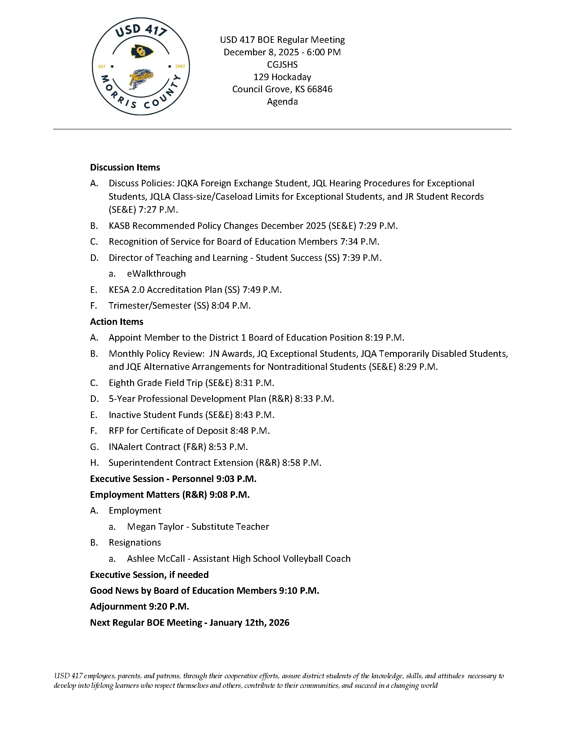 A meeting agenda for USD 417, including discussion and action items.
