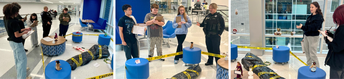 Students participate in a crime scene investigation activity in a school hallway.