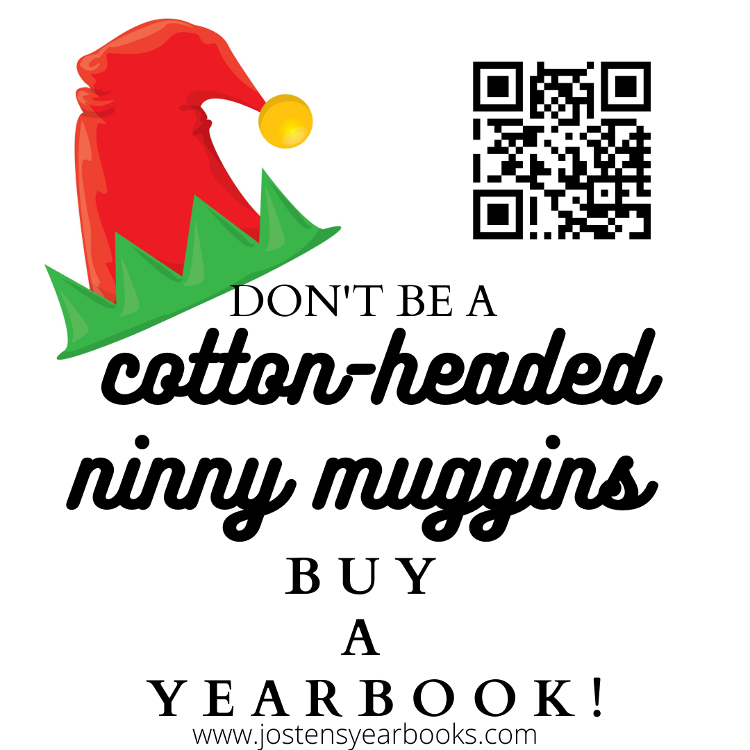 An elf hat graphic with text encouraging yearbook purchases.